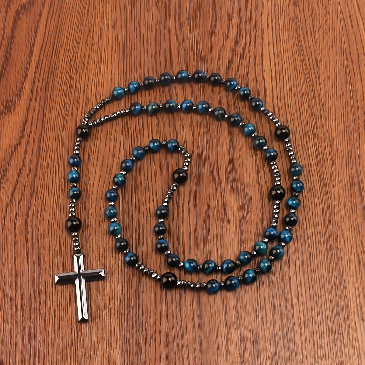 Blue Tiger Eye Cross Pendant Necklace, Unisex
